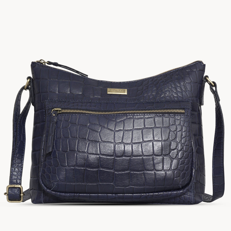 'OLGA' Navy Blue Croc Designer Leather Crossbody Shoulder Bag