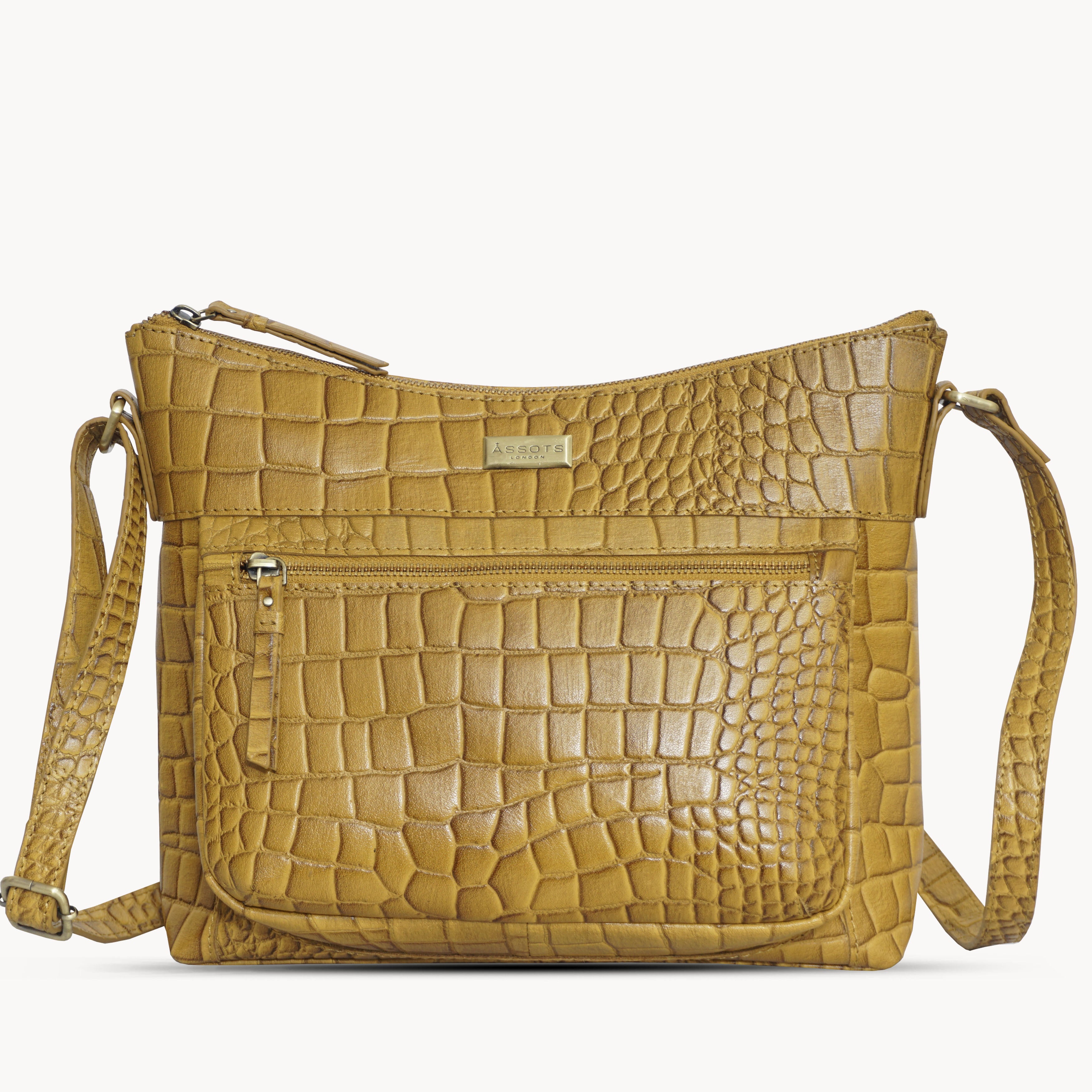 'OLGA' Mustard Ochre Croc Designer Leather Crossbody Shoulder Bag