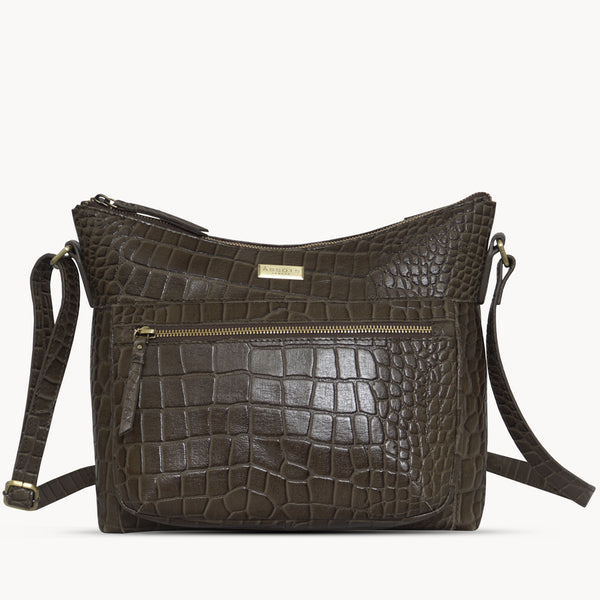 'OLGA' Olive Croc Designer Leather Crossbody Shoulder Bag