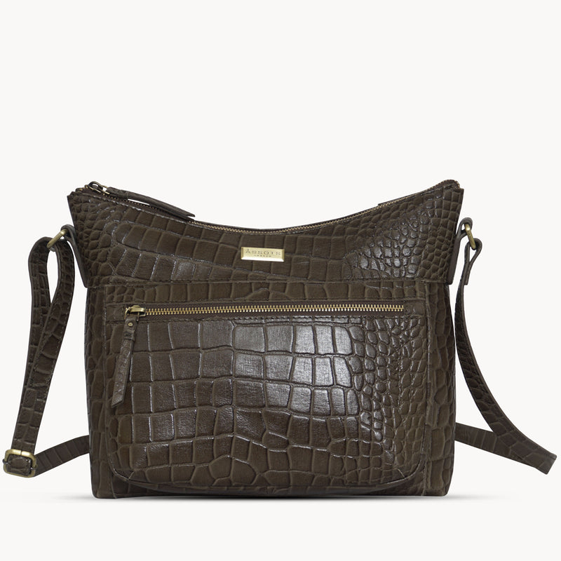'OLGA' Olive Croc Designer Leather Crossbody Shoulder Bag