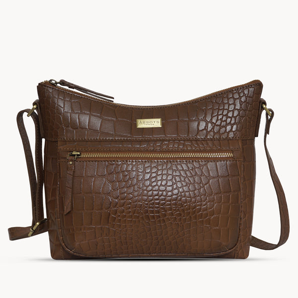 'OLGA' Tan Croc Designer Leather Crossbody Shoulder Bag