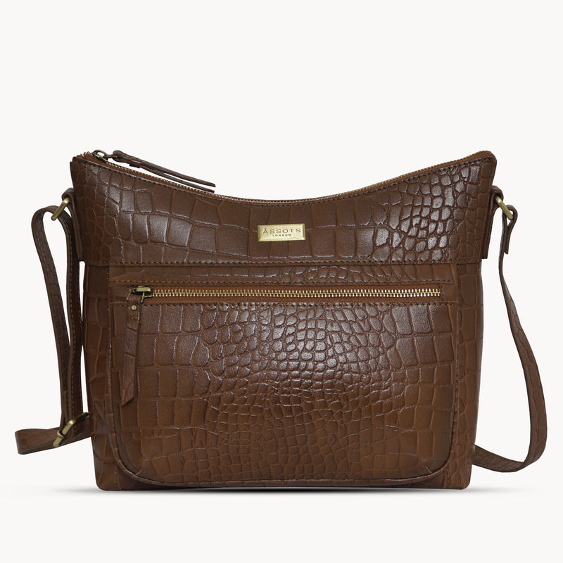'OLGA' Tan Croc Designer Leather Crossbody Shoulder Bag