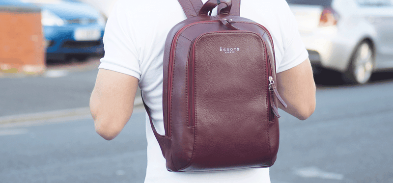 'BAKER' Burgundy Full Grain Leather Double Zip Laptop Backpack