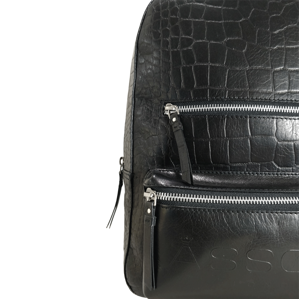 'OSCAR' Black Full Grain Croc Leather Laptop Backpack