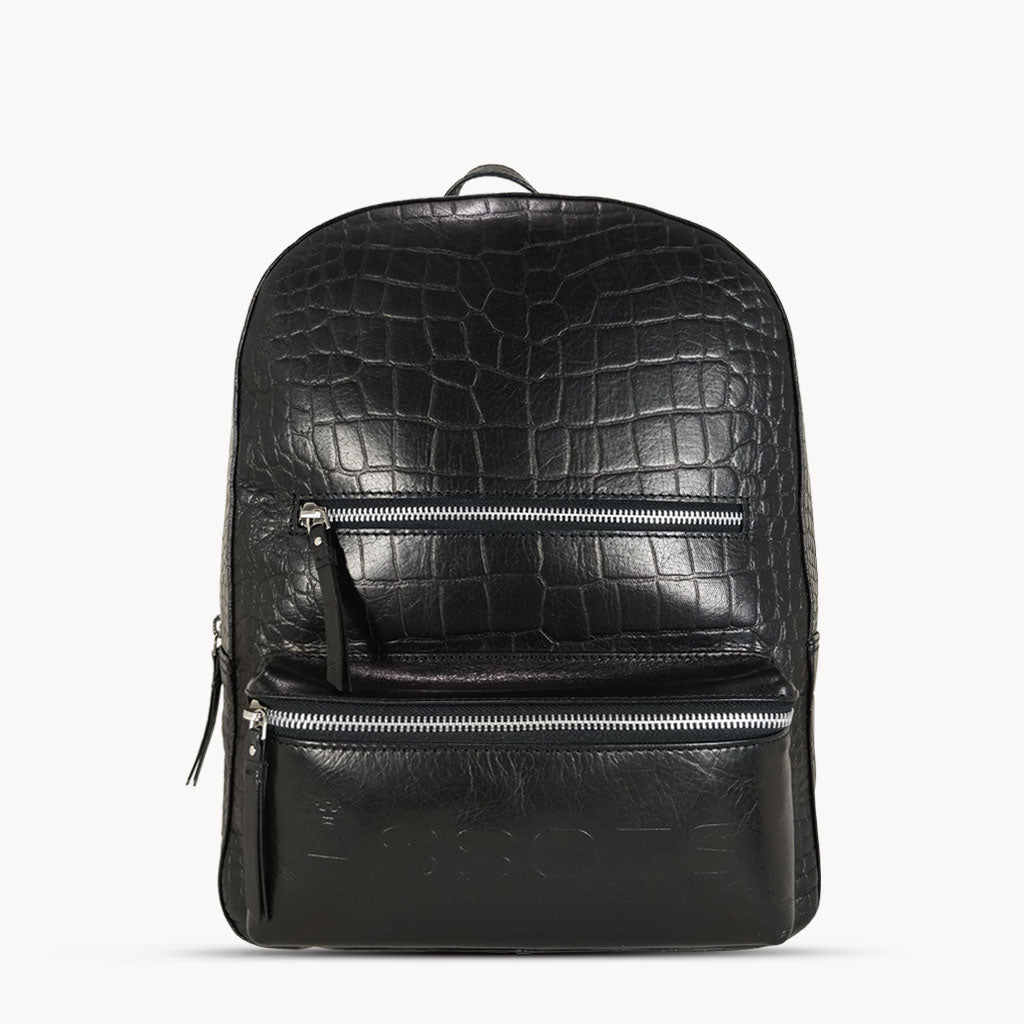 'OSCAR' Black Full Grain Croc Leather Laptop Backpack