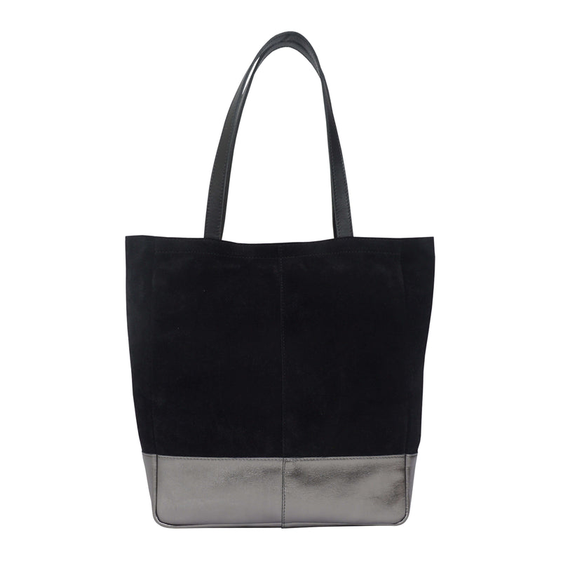 'PAIGE' Black Real Leather + Pewter Metallic Leather Tote Bag
