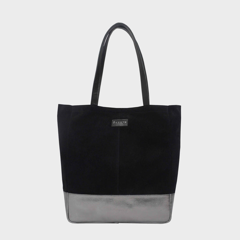 'PAIGE' Black Real Leather + Pewter Metallic Leather Tote Bag