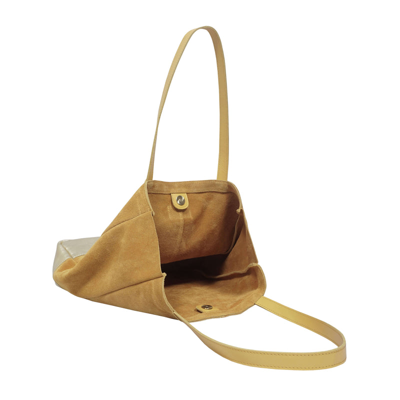 'PAIGE' Mustard Real Leather + Yellow Gold Metallic Leather Tote Bag