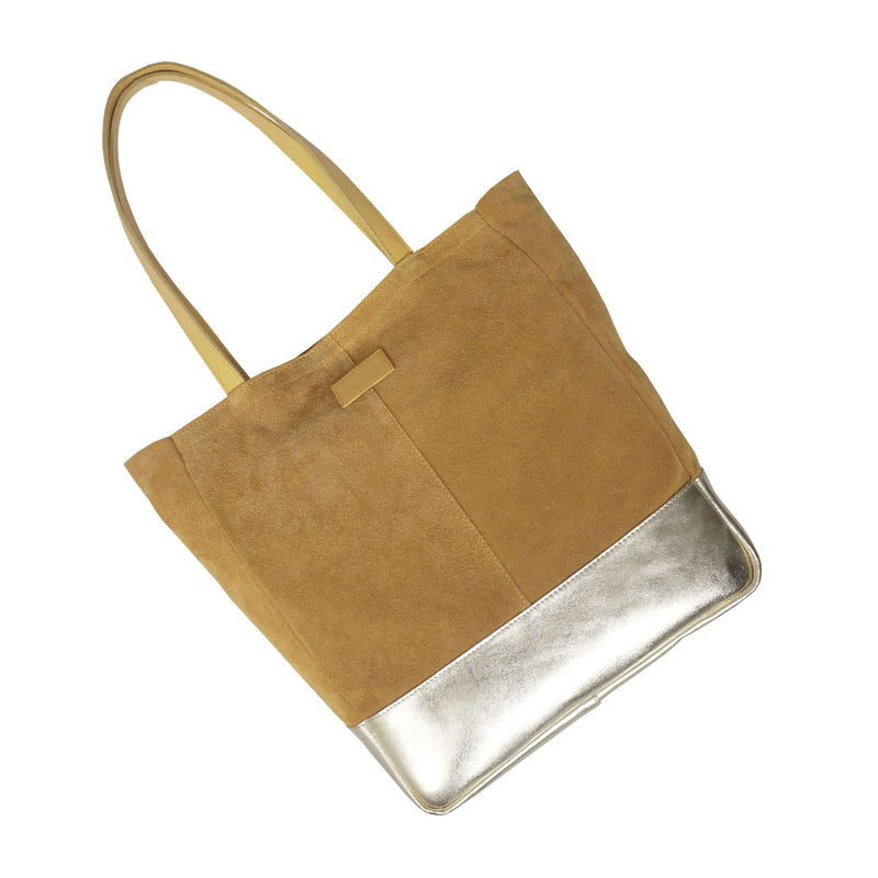 'PAIGE' Mustard Real Leather + Yellow Gold Metallic Leather Tote Bag