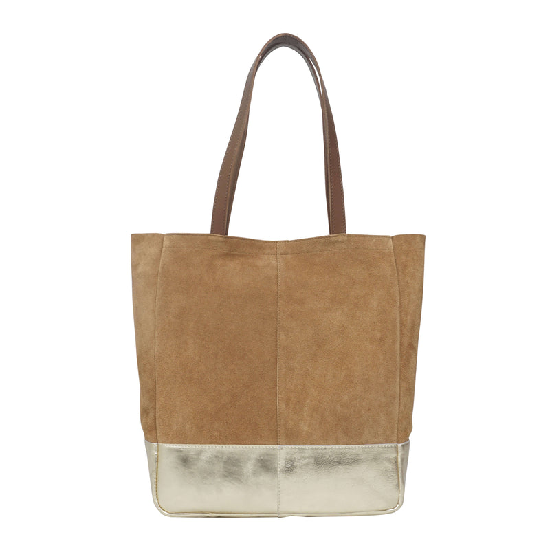 'PAIGE' Tan Real Leather + Yellow Gold Metallic Leather Tote Bag