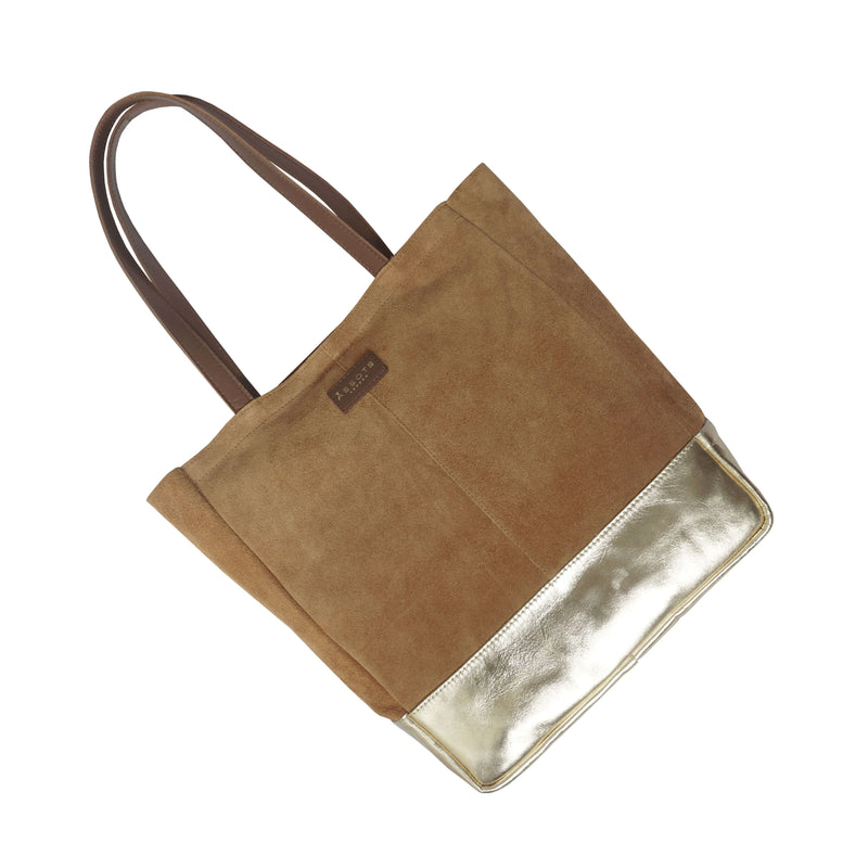 'PAIGE' Tan Real Leather + Yellow Gold Metallic Leather Tote Bag