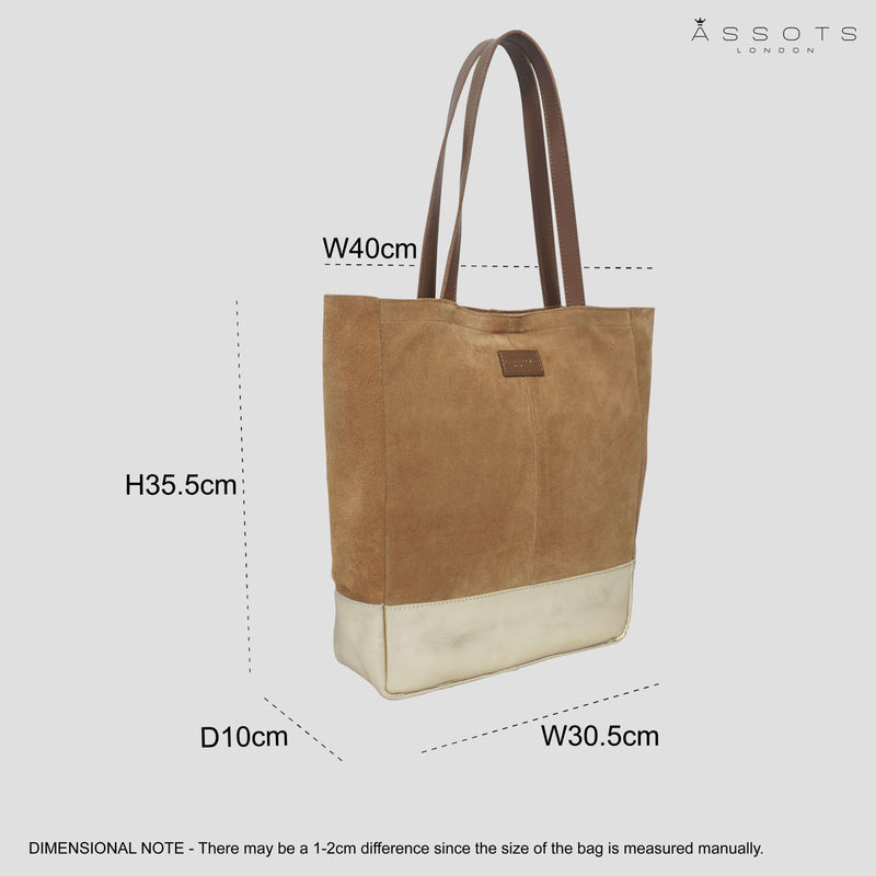 'PAIGE' Tan Real Leather + Yellow Gold Metallic Leather Tote Bag