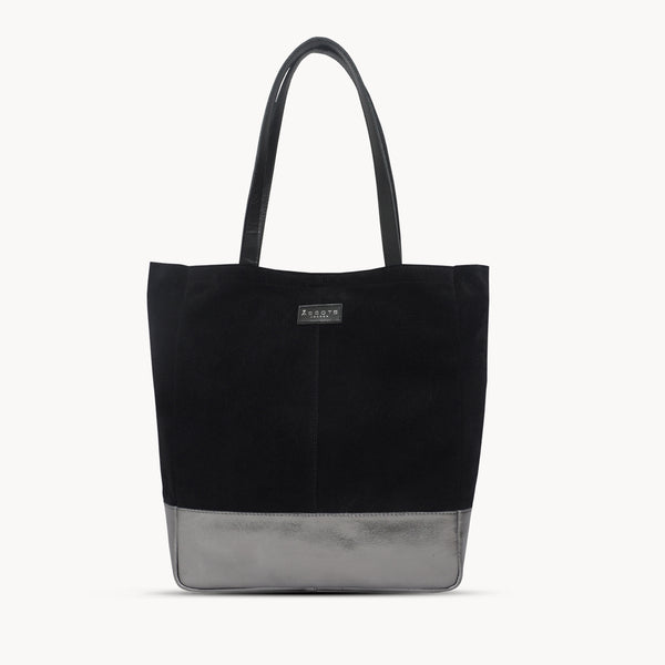 'PAIGE' Black Real Leather + Pewter Metallic Leather Tote Bag