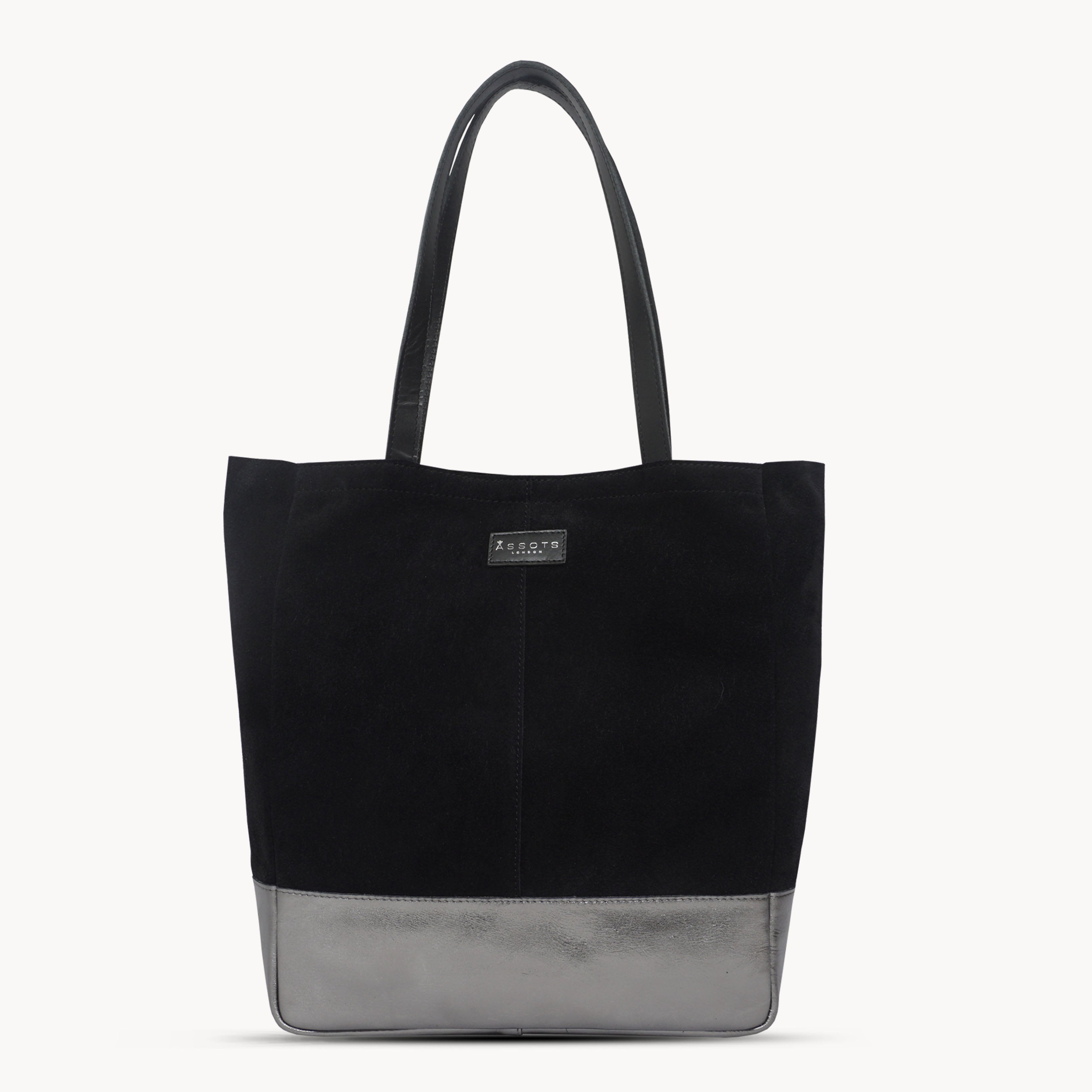 'PAIGE' Black Real Leather + Pewter Metallic Leather Tote Bag