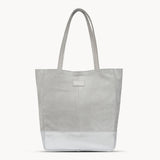 'PAIGE' Grey Real Leather + Silver Metallic Leather Tote Bag