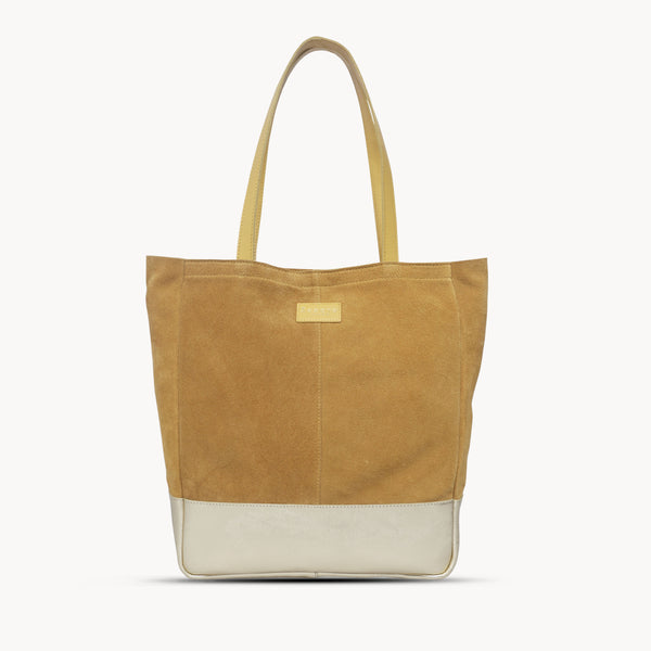 'PAIGE' Mustard Real Leather + Yellow Gold Metallic Leather Tote Bag
