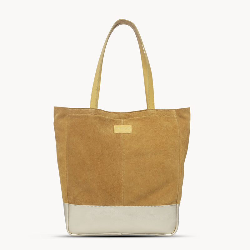 'PAIGE' Mustard Real Leather + Yellow Gold Metallic Leather Tote Bag