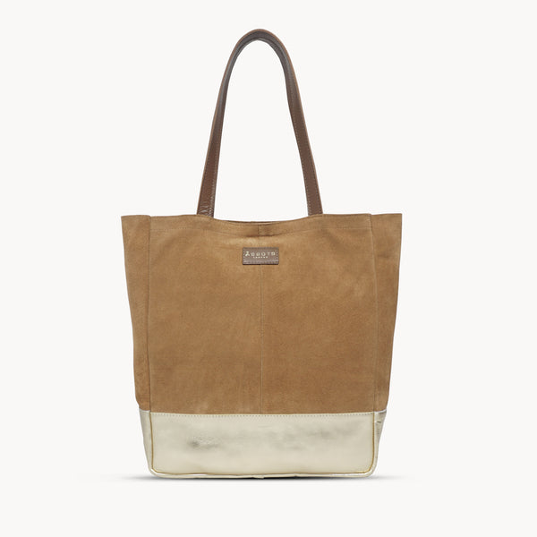 'PAIGE' Tan Real Leather + Yellow Gold Metallic Leather Tote Bag