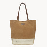 'PAIGE' Tan Real Leather + Yellow Gold Metallic Leather Tote Bag