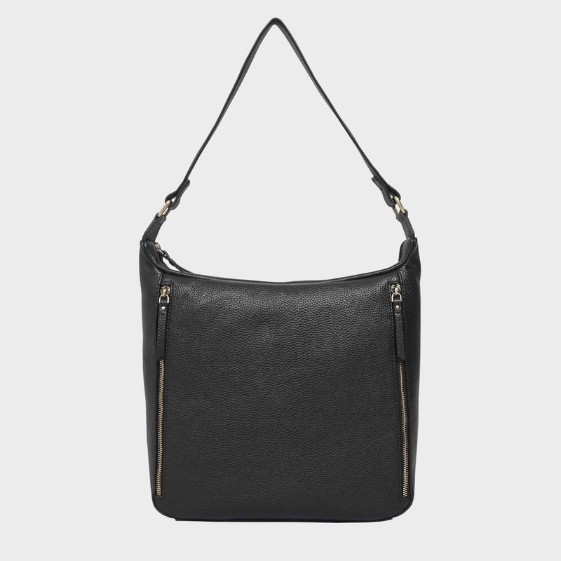 'PAMELA' Black Pebble Grain Real Leather Designer Shoulder Hobo Bag