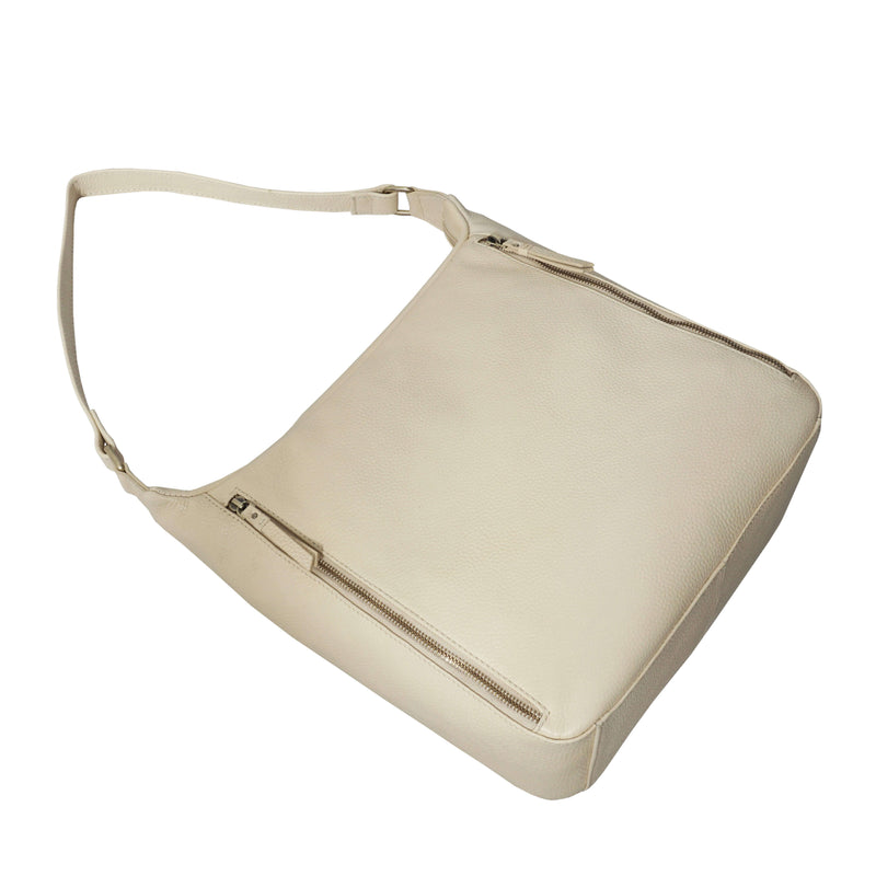 'PAMELA' Camelish Off White Pebble Grain Real Leather Designer Shoulder Hobo Bag