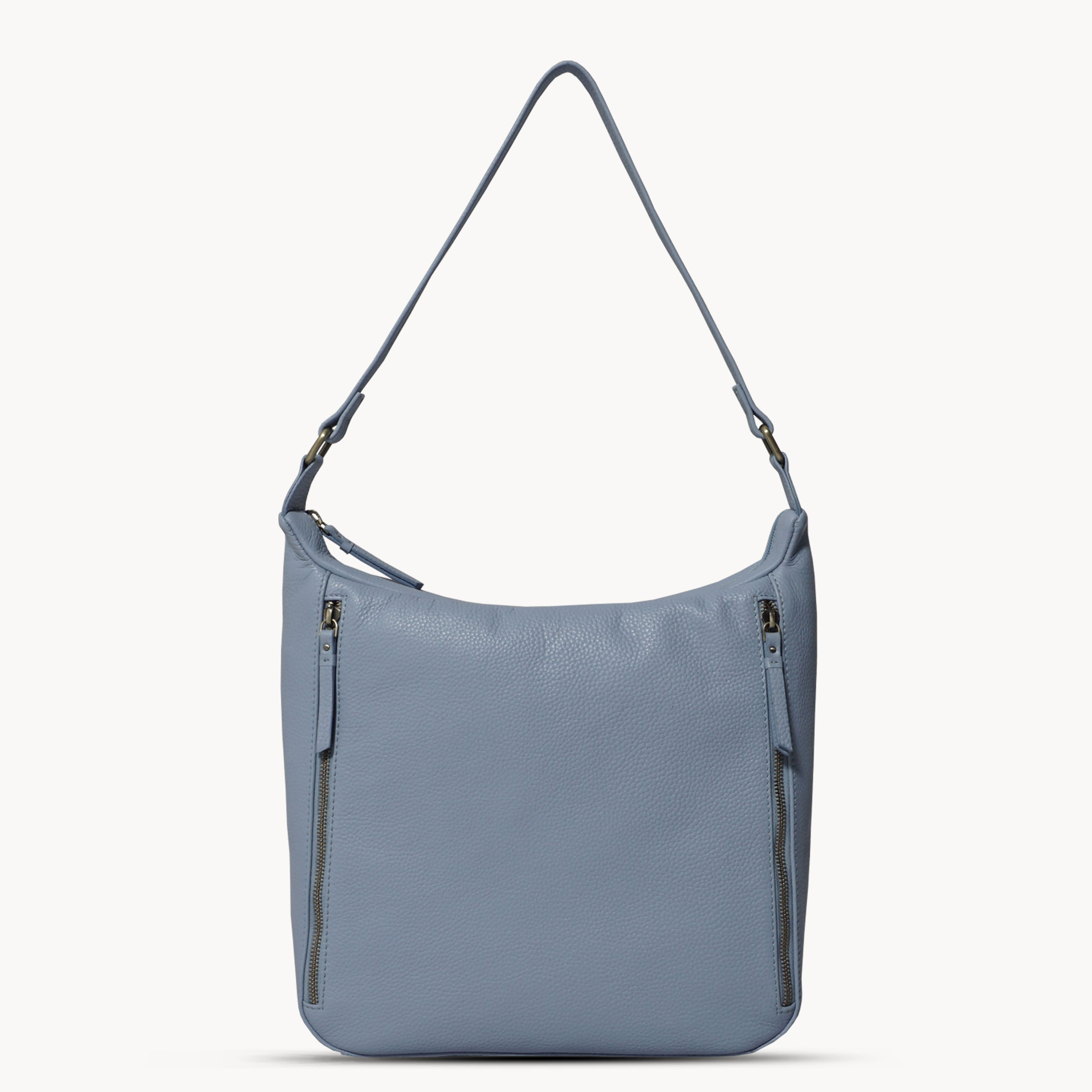 'PAMELA' Pastel Blue Pebble Grain Real Leather Designer Shoulder Hobo Bag