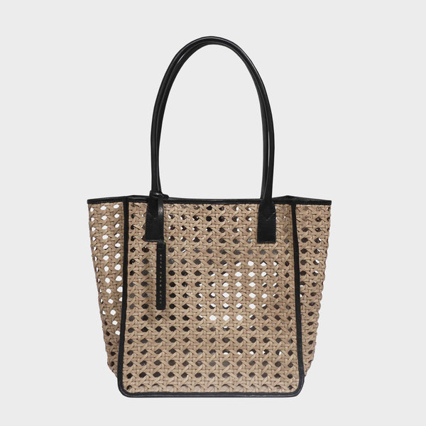 'PELLE TESSUTA' Beige & Black Real Leather Woven Tote Bag