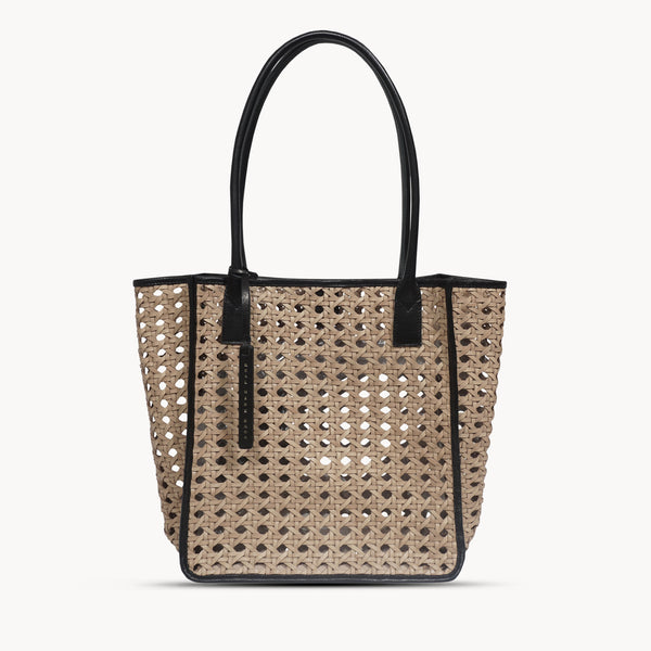 'PELLE TESSUTA' Beige & Black Real Leather Woven Tote Bag
