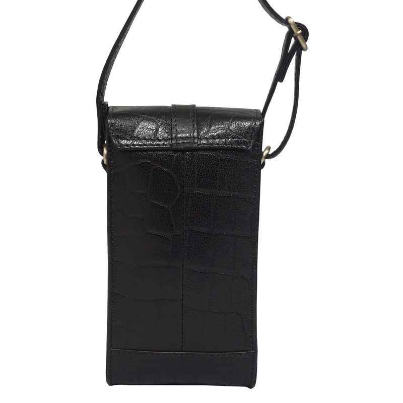 'PETRA' Black Croc Real Leather Mobile Phone Crossbody Bag