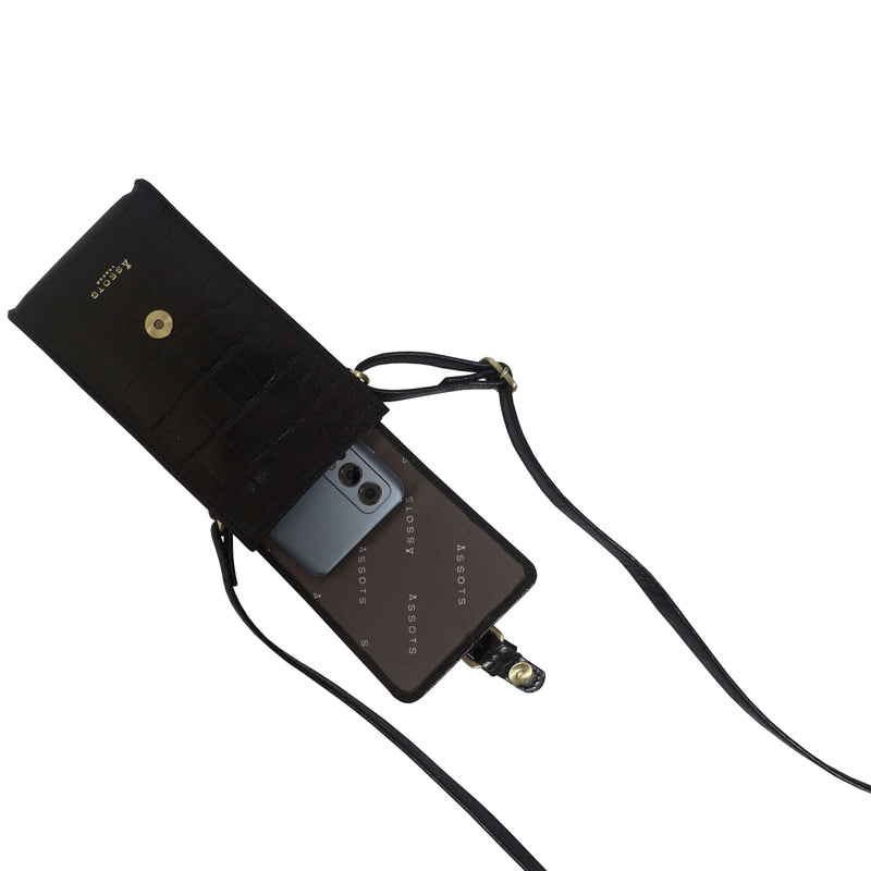 'PETRA' Black Croc Real Leather Mobile Phone Crossbody Bag