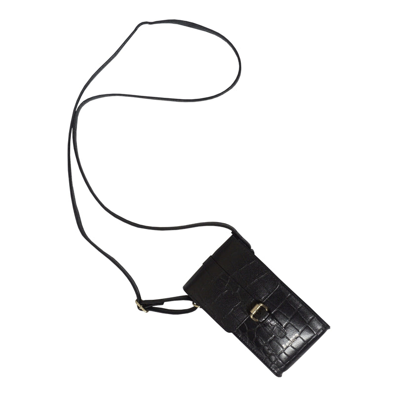 'PETRA' Black Croc Real Leather Mobile Phone Crossbody Bag