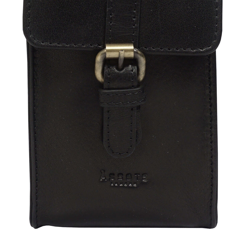'PETRA' Black Polished VT Real Leather Mobile Phone Crossbody Bag