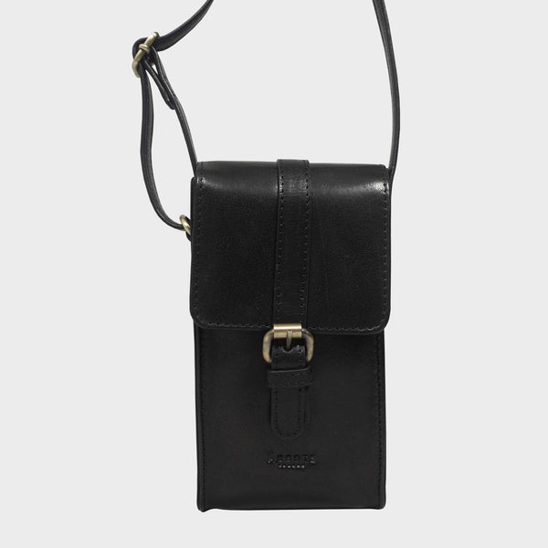 'PETRA' Black Polished VT Real Leather Mobile Phone Crossbody Bag