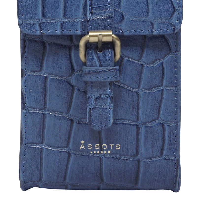 'PETRA' Blue Croc Real Leather Mobile Phone Crossbody Bag