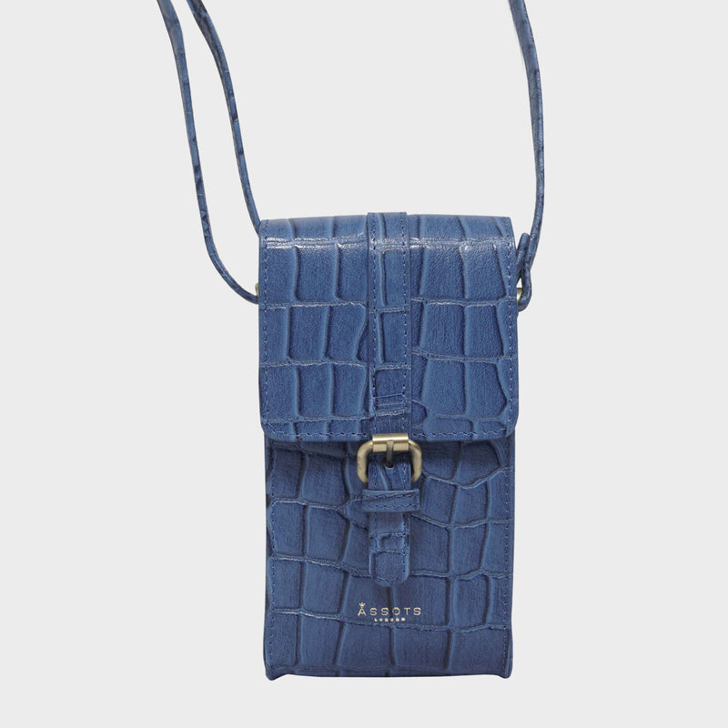 'PETRA' Blue Croc Real Leather Mobile Phone Crossbody Bag