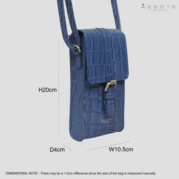 'PETRA' Blue Croc Real Leather Mobile Phone Crossbody Bag
