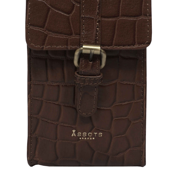 'PETRA' Brown Croc Real Leather Mobile Phone Crossbody Bag