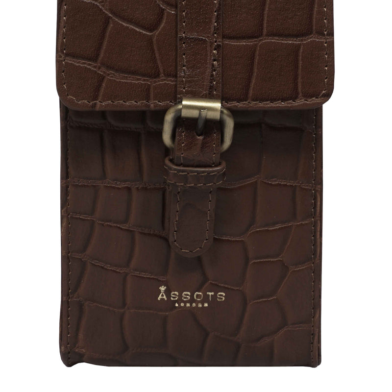 'PETRA' Brown Croc Real Leather Mobile Phone Crossbody Bag