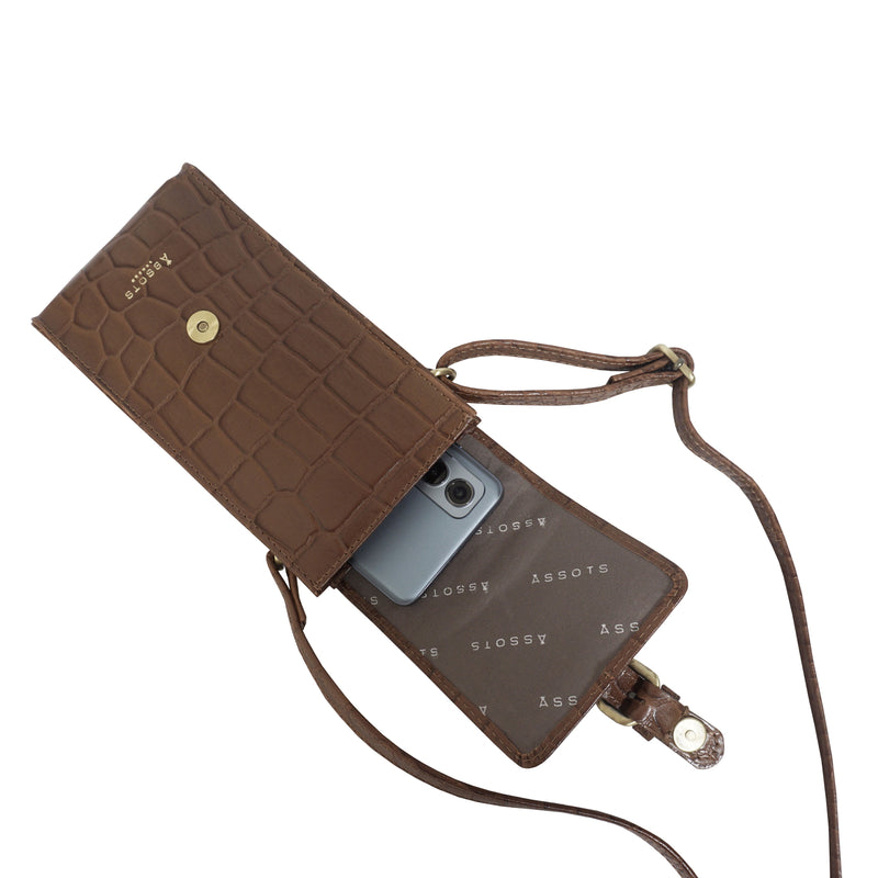 'PETRA' Tan Croc Real Leather Mobile Phone Crossbody Bag