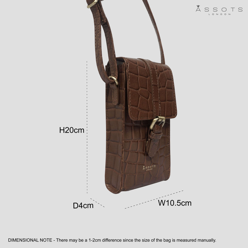 'PETRA' Tan Croc Real Leather Mobile Phone Crossbody Bag