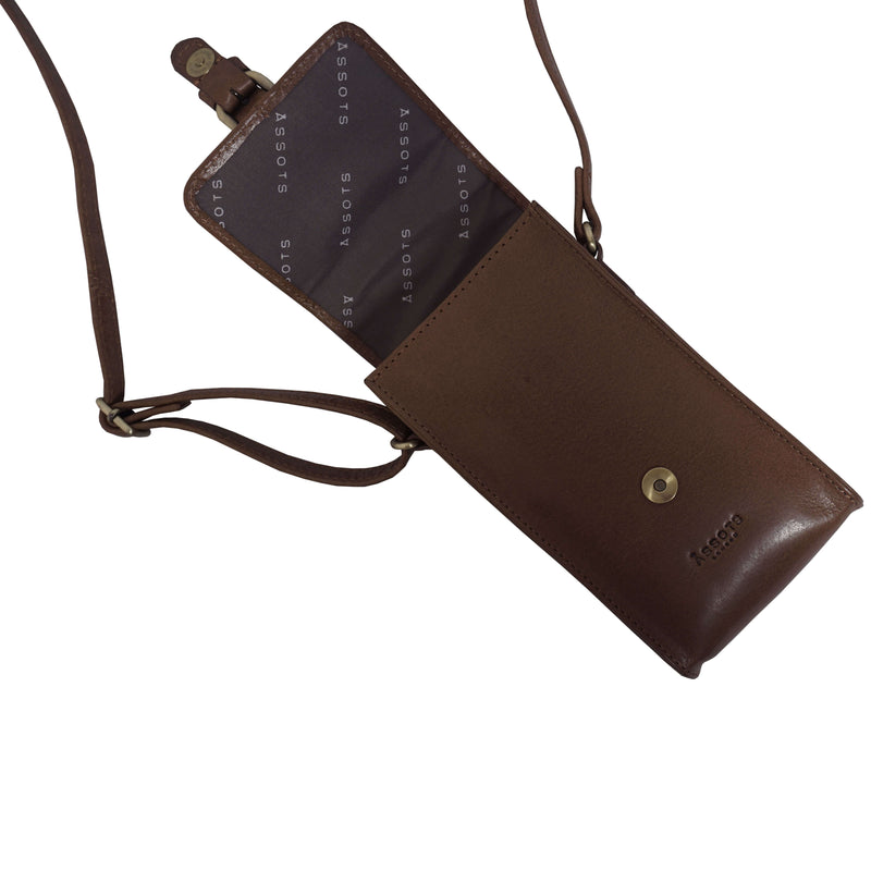 'PETRA' Brown Polished VT Real Leather Mobile Phone Crossbody Bag