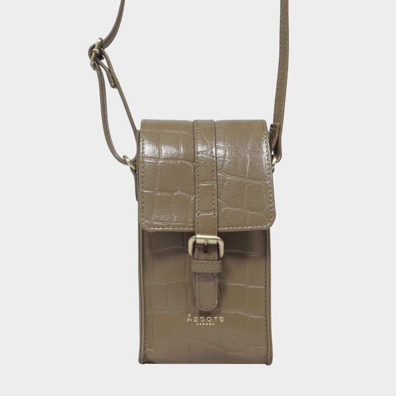 'PETRA' Khaki Croc Real Leather Mobile Phone Crossbody Bag