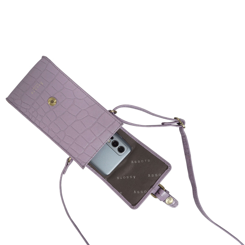 'PETRA' Lilac Croc Real Leather Mobile Phone Crossbody Bag