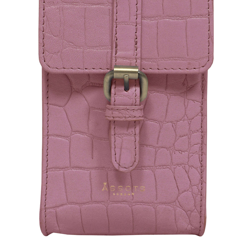 'PETRA' Pink Croc Real Leather Mobile Phone Crossbody Bag