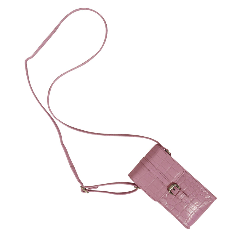 'PETRA' Pink Croc Real Leather Mobile Phone Crossbody Bag