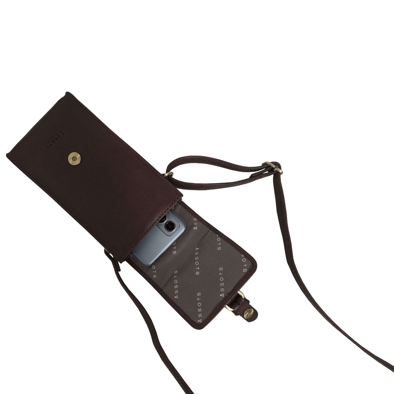 'PETRA' Plum Polished VT Real Leather Mobile Phone Crossbody Bag
