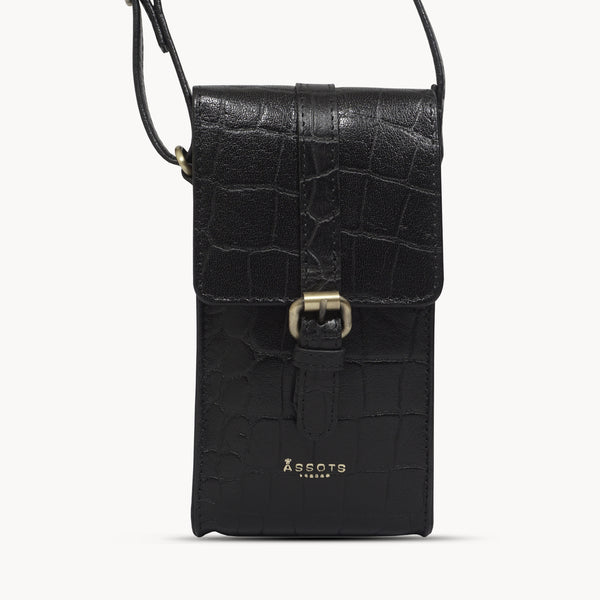 'PETRA' Black Croc Real Leather Mobile Phone Crossbody Bag