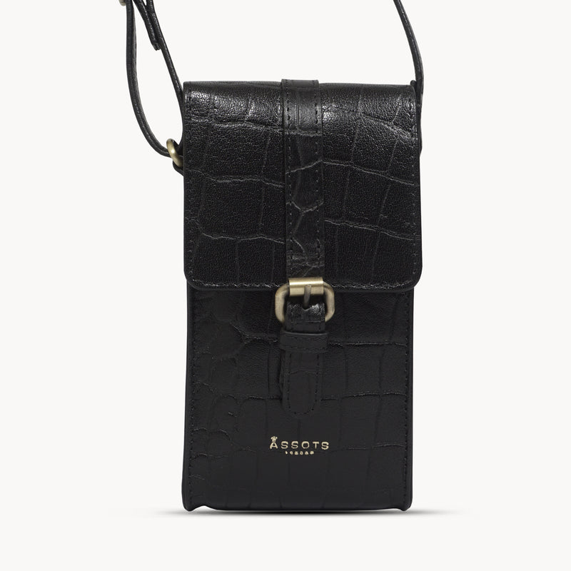'PETRA' Black Croc Real Leather Mobile Phone Crossbody Bag