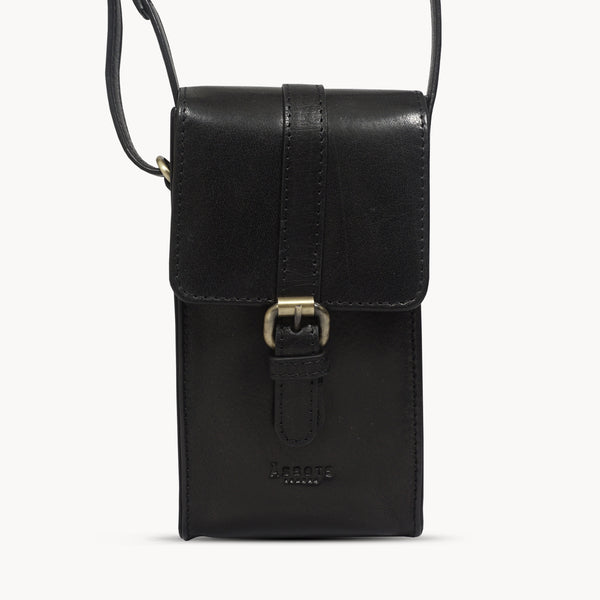 'PETRA' Black Polished VT Real Leather Mobile Phone Crossbody Bag