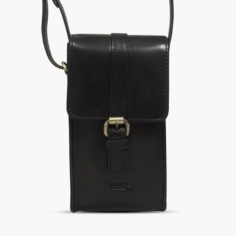 'PETRA' Black Polished VT Real Leather Mobile Phone Crossbody Bag